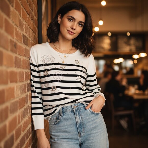 Karl Lagerfeld Paris Embellished Striped Sweater – Size XL - Picture 3 of 5